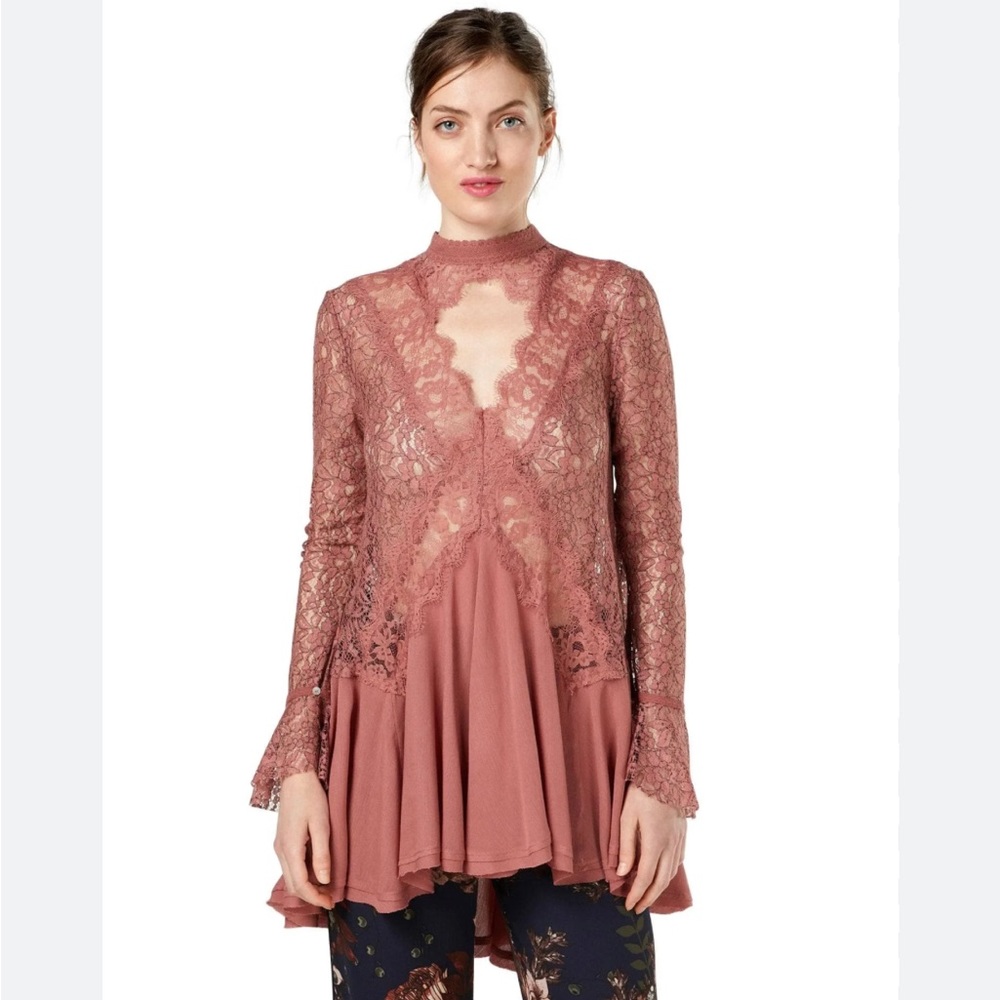Free People Peach Pink Tell Tale Lace Long Sleeve Tunic Mini Dress M